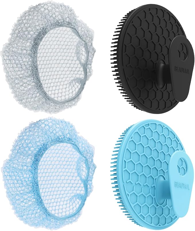 Silicone Body Scrubber and Scrub Net Set, BEAUTAIL 4 Pack for Rich Lather | Gentle Silicone Shower Scrubber or Firmer Exfoliating Bath Net, Deep Cleansing & Exfoliation, 2 Brushes+2 Nets for Men, Women