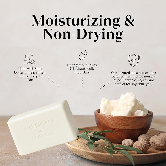 Wavertree & London Noir Scented Natural Soap Bar, 7oz Moisturizing French Triple Milled Soap Bar for Women & Men Enriched with Organic Shea Butter, Pure Bath & Body Soap (1 Bar)
