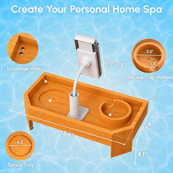 Vespara Bamboo Hot Tub Tray Table with Adjustable Phone Holder, Non Slip Hot Tub Table Spa Gifts for Women, Bathtub Canddy Tray with Wine Glass Holder Tray for Luxury Bathtub& Bathroom Accessories