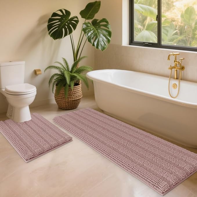 ACCUMTEK Striped Dusty Pink Toilet Bathroom Rug Mat Set 2 piece Rug Ultra Soft, Non Slip Chenille Bath Rugs, Absorbent Plush Shaggy Bath Mats for Bathroom, Bedroom, Kitchen, Shower, Tub