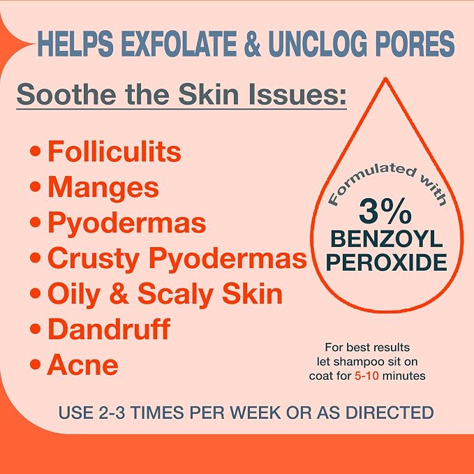 All Natural Medicated Benzoyl Peroxide 3% Shampoo for Dogs, Cats,Horses Helps Relieve Folliculitis, Dandruff, Psoriasis, Seborrheic Dermatitis, Itchy Scalp(3% Benzoyl Peroxide) Passion Fruit Scent