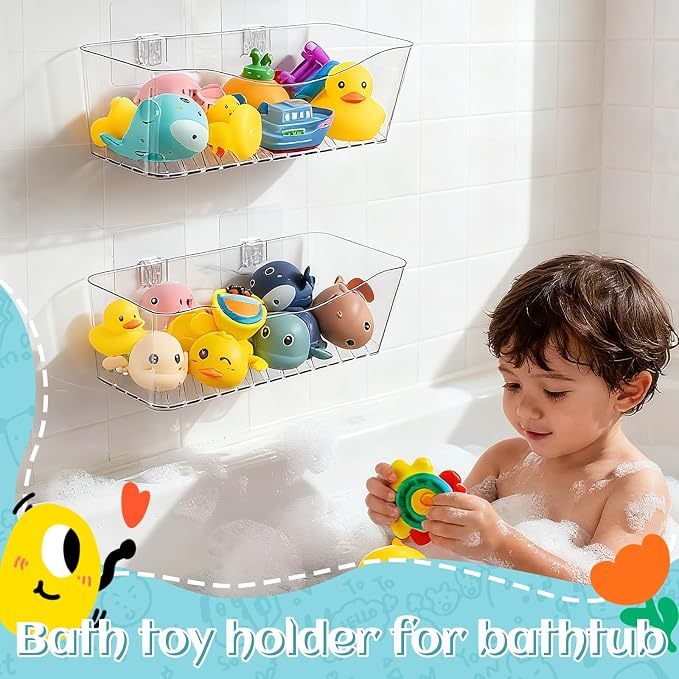 MIUKAA 2 Pack Large Bath Toy Storage Organizer, Clear Bath Toy Holder for Bathtub, Plastic Shower Toy Holder, Fast Drainage, No Drilling Required, Easy to Install