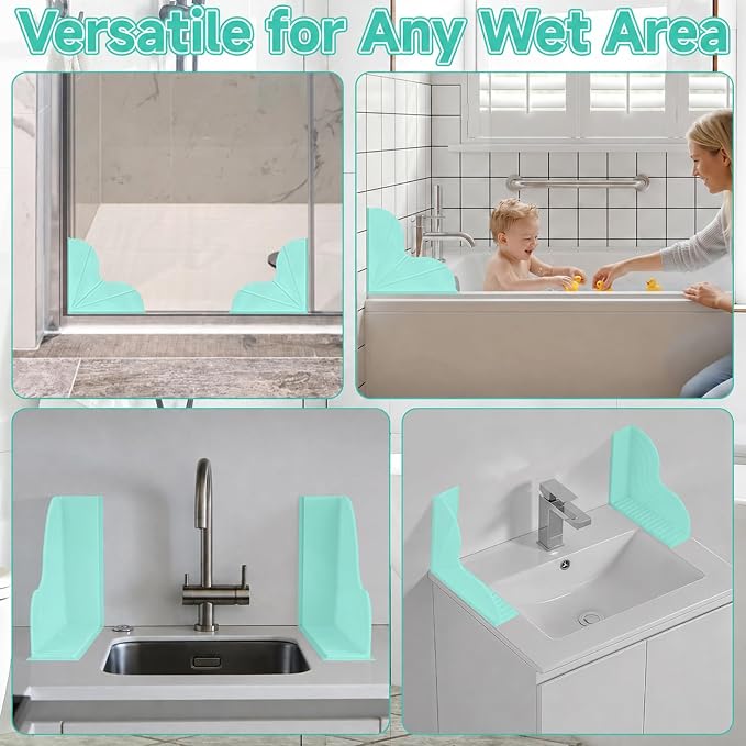 2 PCS Suction Cup Splash Guard, No-Adhesive Silicone Shower Corner Splash Guard for Bathtub and Walk in Shower, Angle Water Stopper, Durable Easy to Remove, Keep Floor Drier (Green)