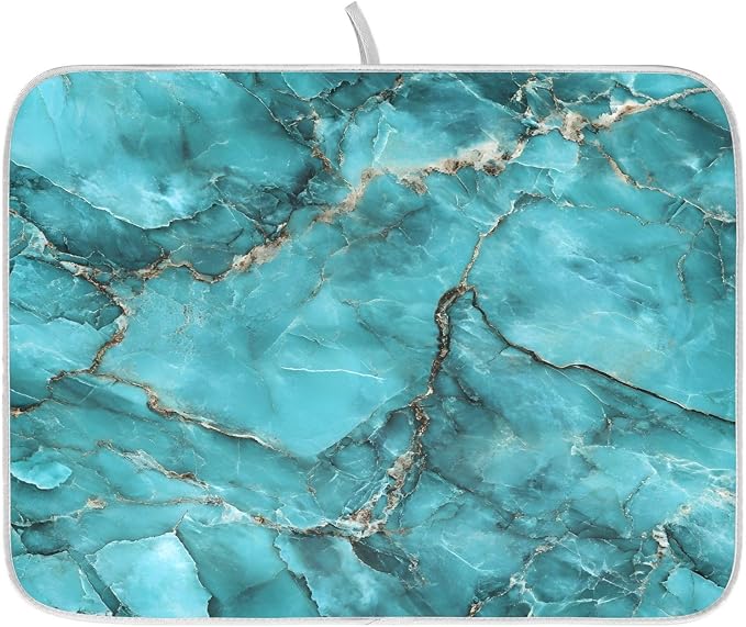 Teal Marble Pattern Dish Drying Mat, Absorbent Drainer Mats for Kitchen Counter Coffee Maker 24"x18"