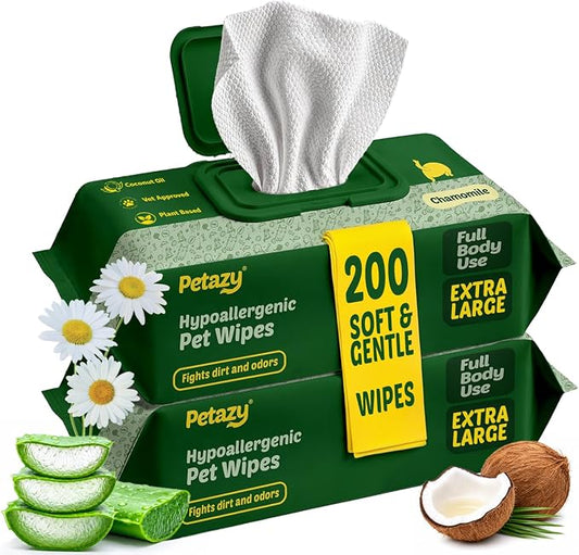 Petazy Pet Wipes for Dogs and Cats – 200 Count (8x8in) Hypoallergenic, Deodorizing Dog Wipes for Paws, Ears and Butt | XL with Aloe & Coconut Oil, Chamomile Scented | Travel Size, 2 On-the-Go Packs