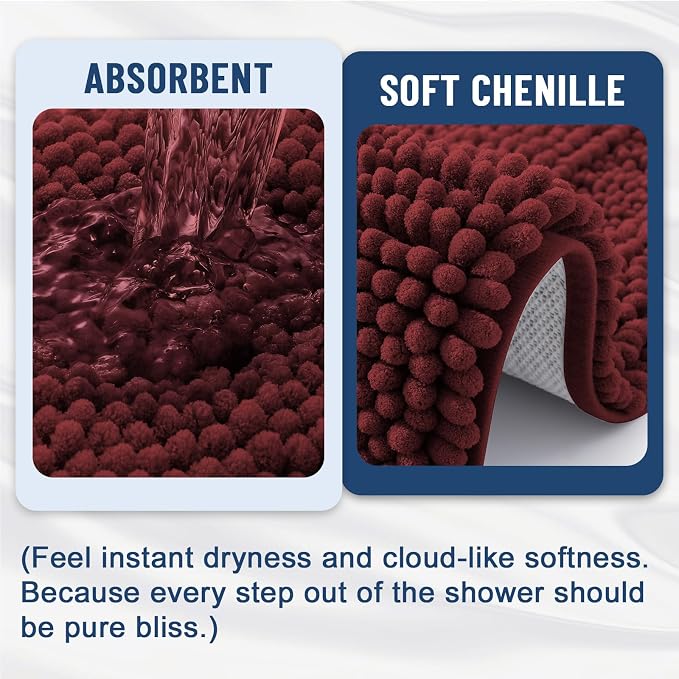 Grandaily Chenille Striped Bathroom Rugs 36x24, Extra Thick and Soft Absorbent Bath Mats, Rubber Backing, Plush Shaggy Shower Carpet, Machine Wash Dry, Bath Rug for Bathroom, Reddish Brown