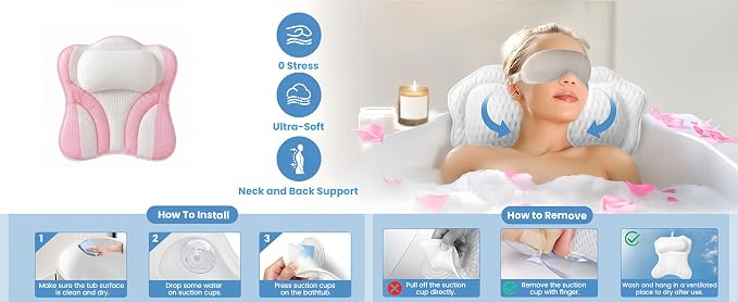 Upgraded Bath Pillows,Bathtub Pillows for Head and Neck Support,Bath Pillows for Tub with Soft 5D Breathable Mesh Fabric Nonslip Suction Cups,Relaxing Bath Accessories Spa Gifts .(Pink White)
