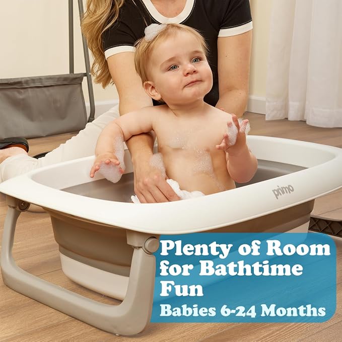 Primo SquishSplash Collapsible Baby Bath & Folding Stand With Ergonomic Infant Cushion for Newborns & Toddlers - Complete Bathing Station - Compact Space Saving Design, Ages 0-24 Months