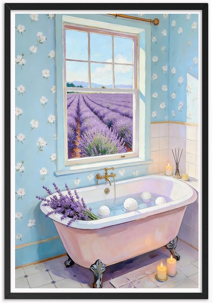 Lavender Field Bathroom Wall Art Serene Pink Clawfoot Tub Poster Floral Farmhouse Spa Oil Painting Print Aesthetic Wall Decor for Powder Room Apartment 16X24 in Black Framed