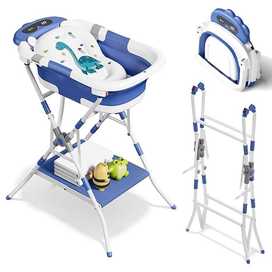 2-in-1 Baby Bath with Stand, Foldable Dinosaur Bathtub for Infant to Toddler, Portable Travel Tub with Soft Cushion for 0-18 Months, Navy Blue