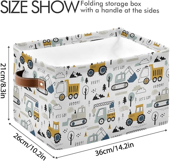 Wamika Excavator Truck Toy Storage Basket Fabric Kitchen Baskets Cars Boys Toys Open Home Storage Bins Boxes Foldable Organizer Bag for Baby Cloth Book Shelf Closet Baskets 16×12×8 Inches