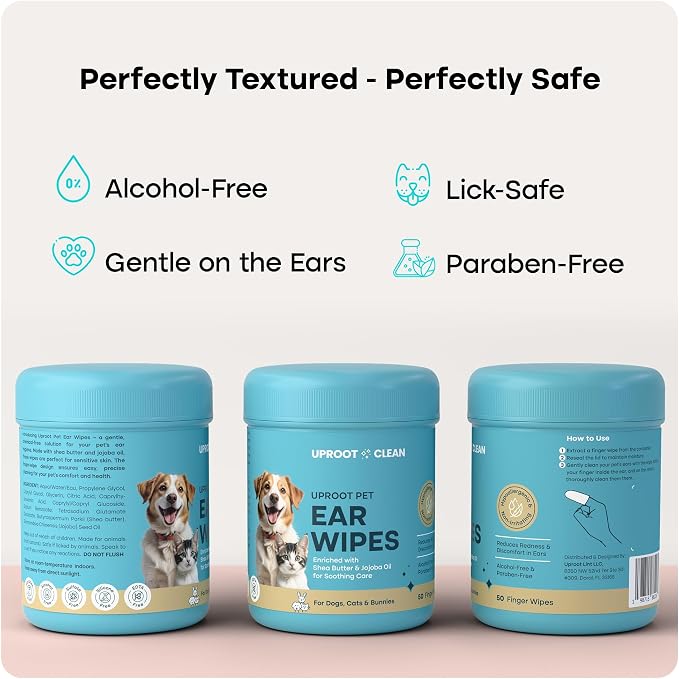 Uproot Clean Cat & Dog Ear Cleaner Finger Wipes (50ct.): Disposable Dog Ear Wipes Enriched with Shea Butter & Jojoba Oil - Cleaner Removing Wax Build Up, Help with Odor Discomfort