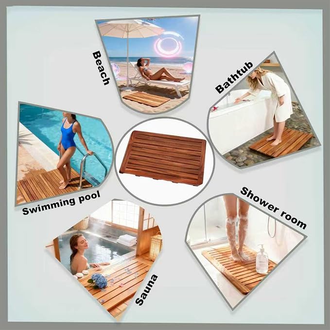 26in×30in,Large Teak Wood Shower Mat, Natural Wooden Bathroom Floor Mat, Spa-Style Fast-Drying Bathtub Tray, Easy to Clean, Suitable for Indoor or Outdoor Use
