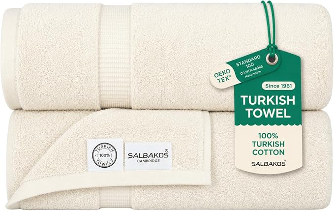 SALBAKOS 2-Piece 100% Turkish Cotton Extra Large Bath Towel 35x70 inch | Premium Hotel Quality Bath Sheet Towels | Thick, Soft, Absorbent, Oversized Bath & Beach Towels (Ivory, 2 Bath Sheets)