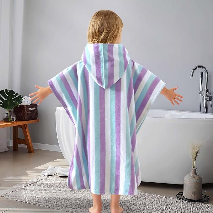 VOOVA & MOVAS Poncho Towels for Kids (4-6Years), Quick Dry Lightweight Absorbent Cotton Hooded Towel Robe for Pool | Swim | Beach | Bath, Aqua Purple Stripe