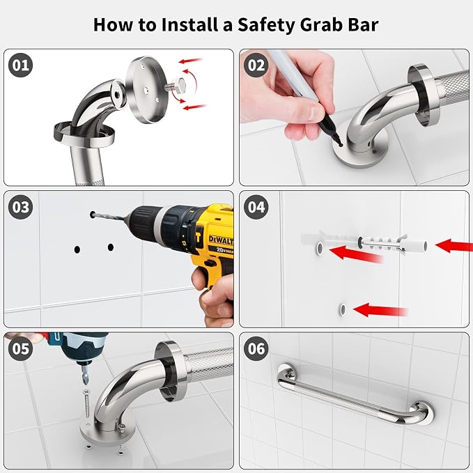 Chrome Bathroom Grab Bars 20 Inch, iHansee Anti Slip Grab Bar w/Knurled Grip, Stainless Steel Safety Handle for Bathtub, Wall Mounted Balance Support Handrail, Handicap Shower Bars for Senior Elderly