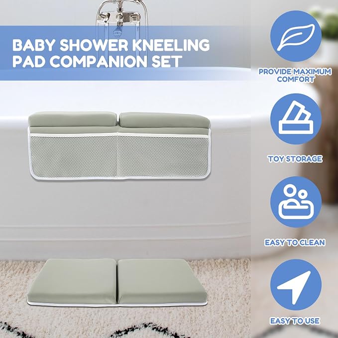 Baby Bath Kneeler and Elbow Rest Pad Set, 1.5'' Comfortable Thicker Quickly Dry Baby Bath Kneeler Pads, Comfortable Non-Slip Kneeling Mat Cushion with Toy Organizer Storage Pockets