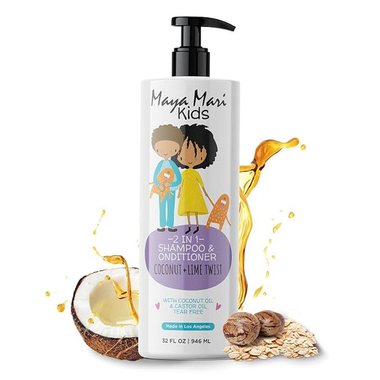 MAYA MARI Kids Shampoo and Conditioner 2 in 1, 32 oz Family Size Bottle, Sulfate Free, Paraben Free, Tear Free, Dye Free, Coconut Lime Twist, Made in Los Angeles for Toddlers and Curly Hair