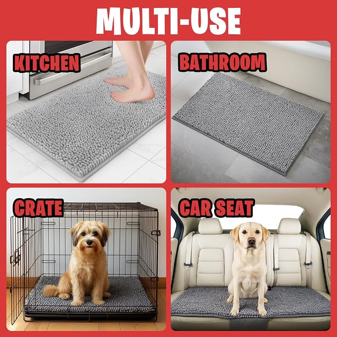 MUDGUARD MAT® Dog Door Mat for Muddy Paws, Super Absorbent Microfiber, Non-Slip Indoor Mat, Quick-Dry Chenille Rug for Pets & Entryway, Machine Washable, Grey 19" x 30"