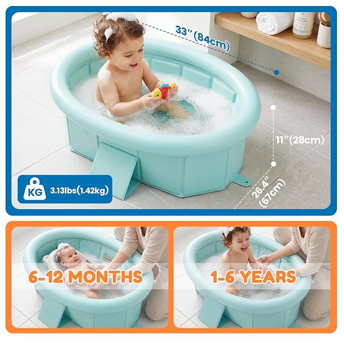 Orzbow Toddler Bathtub with Inflatable Top Edge, Collapsible Baby Bathtub with Side Drain Plug, Portable Bath Tub for Infant Toddler Kids 6M- 6Y Without Assembly, Extra Stable & Durable, Green