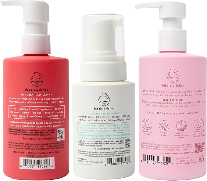 Dabble & Dollop Berry Kids Bath & Hair Care Set – Tear-Free 3-in-1 Body Wash, Shampoo & Bubble Bath + Conditioner, Paraben & Sulfate Free, Vegan, Gluten-Free, Strawberry, Vanilla & Cherry (Pack of 3)