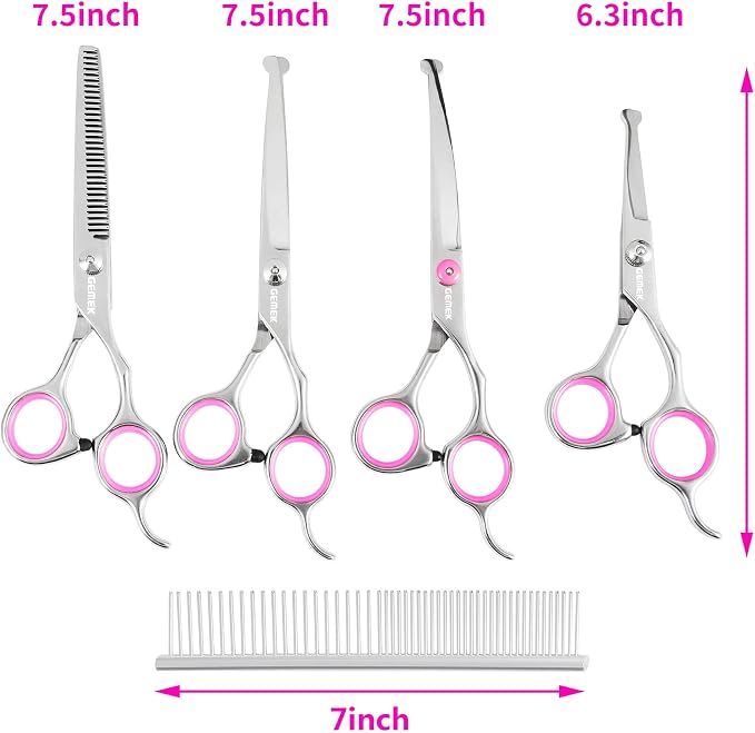 Dog Grooming Scissors Set, 4CR Stainless Steel Safety Round Tip Pet Professional Grooming Tool 5 Pieces Kit - Straight, Curved, Thinning Shears & Comb for Dogs, Cats and Other Animals