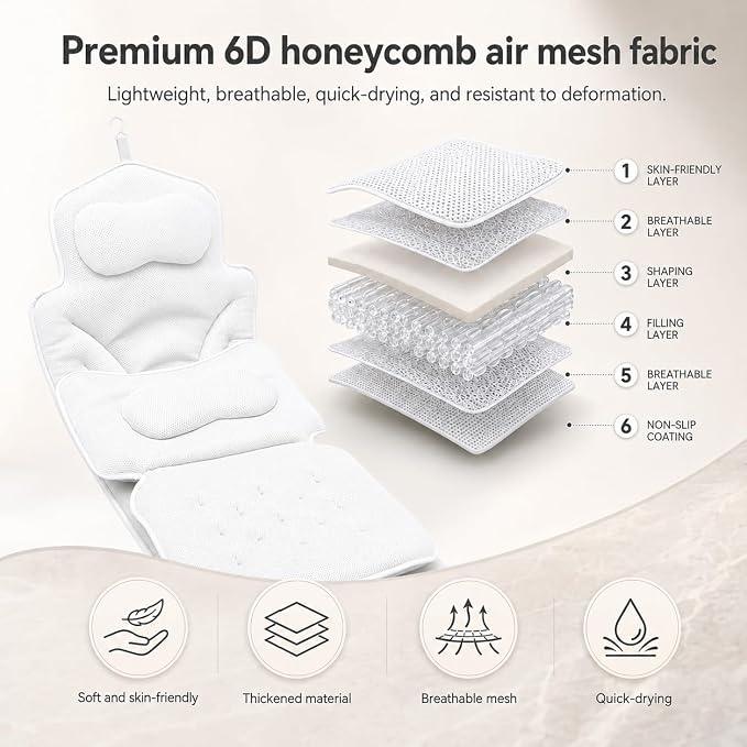 58" Full Body Bath Pillow for Two, Bath Tub Pillows for Head and Neck, Waist, Back Support, 6D Air Mesh Luxury Bathtub Cushion for Soaking Tub, Bathtub Accessories for Relaxing Spa
