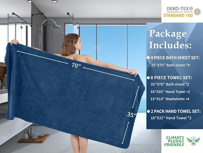 Extra Large Bath Sheet Set of 4,Ultra Soft Fluffy Towel,35”x 70”Oversized Bath Towel Set,Premium Microfiber Bathroom Towel Set Highly Absorbent Quick Dry Shower Towel for Bathroom,Hotel,Spa (Navy)