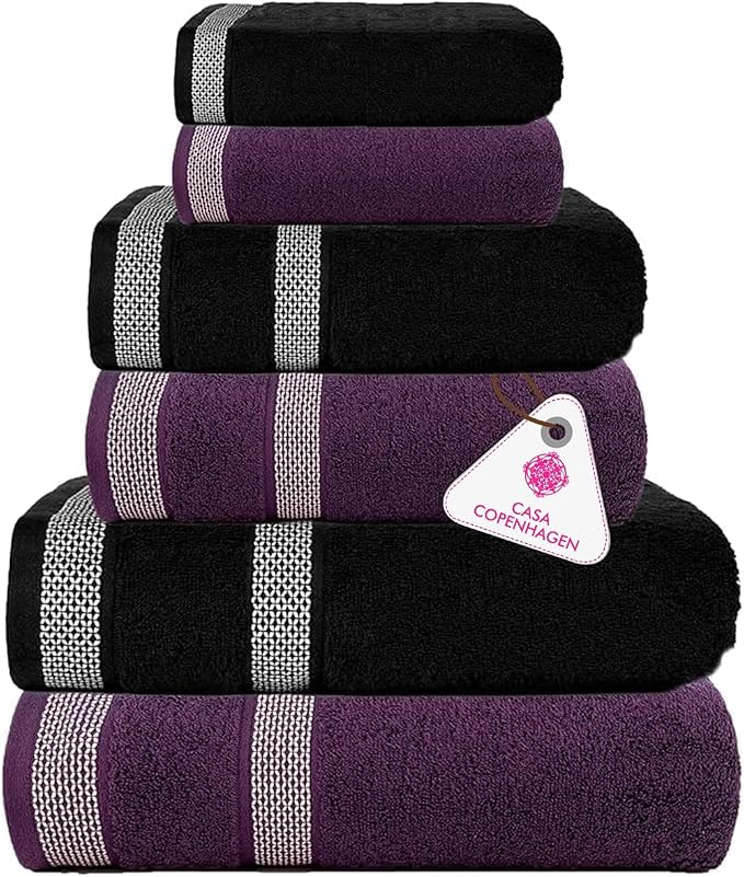 CASA COPENHAGEN Solitaire 6Pcs 100% Egyptian Cotton Large Designer Towels Gift Set- Black - Dark Purple, 600GSM, 2Bath 2Hand 2Washcloths, Bath Towels for Bathroom Set for Women & Men
