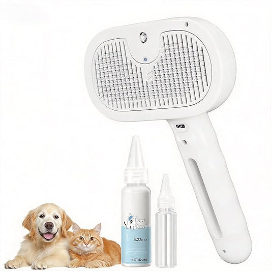 Pet Steam Brush for Dog & Cat, 4-in-1 Upgrade Steam Grooming Brush for Shedding and Hair Removal, Self Cleaning Spray Comb with Gentle Cool Mist for Long Haired Pets, Includes Waterless Shampoo
