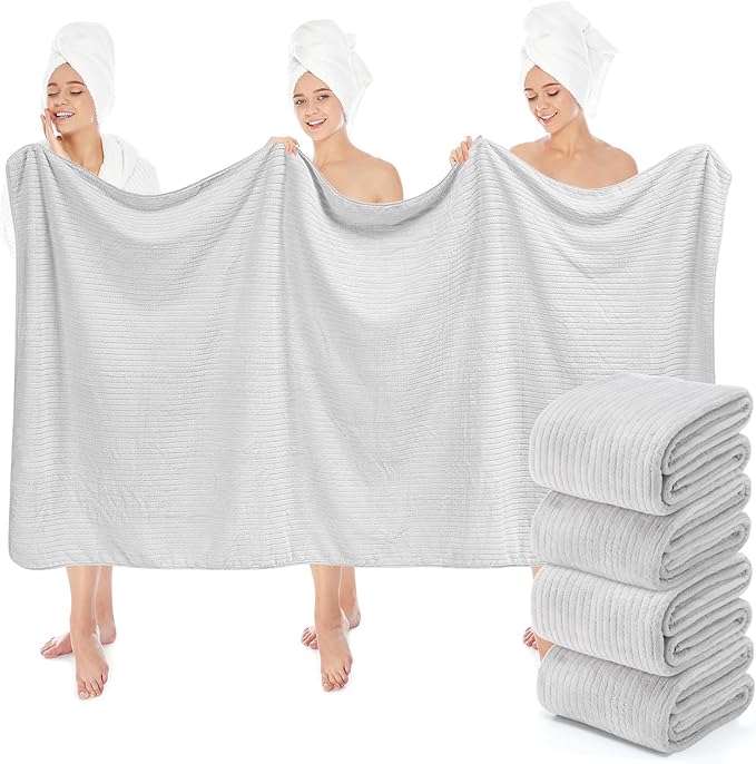 SmoothNovelty 4 Pcs Oversized Coral Fleece Bath Sheets 40 x 80 Inch, Lightweight Extra Large Towel Blanket, Soft Jumbo Bathroom Towels with Hanging Loop for Bath, Pool, Beach, Spa, Travel (Light Gray)
