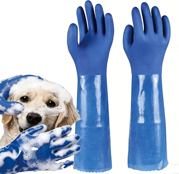 YOFANG 17.7" L Pet Grooming Bathing Gloves,Waterproof Cat Bite-Proof Hair Removal Brush Gloves,Rubber Washing Gloves for Dogs & Cats with Massage Frosted Particles,Blue