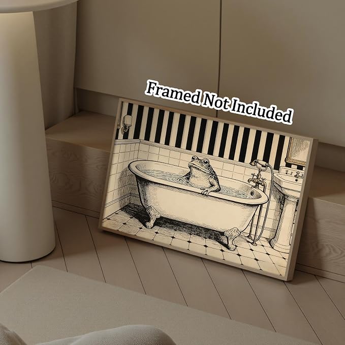 Vintage Frog in Bathtub Bathroom Wall Art Whimsical Toad Clawfoot Tub Poster Antique Striped Bathroom Illustration Print Aesthetic Wall Decor for Powder Room Apartment 24X36 in Black Framed