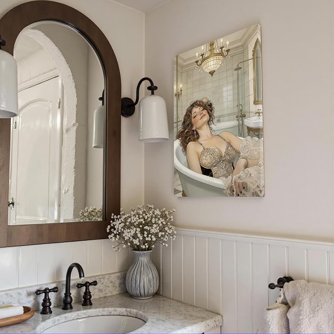 Elegant Vintage Bathing Woman Wall Art Luxury Bathroom Poster with Crystal Chandelier Classic Victorian Spa Art Print Aesthetic Wall Decor for Powder Room Apartment 12X18 in Unframed