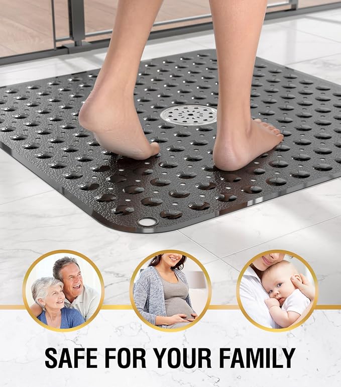 HITSLAM Shower Bathtub Mat Non Slip, 24"x 24" Bath Mat for Tub, Soft PVC Shower Mats for Inside Shower with Suction Cups and Center Drain Hole, Machine Washable Bathroom Floor Mat, Black