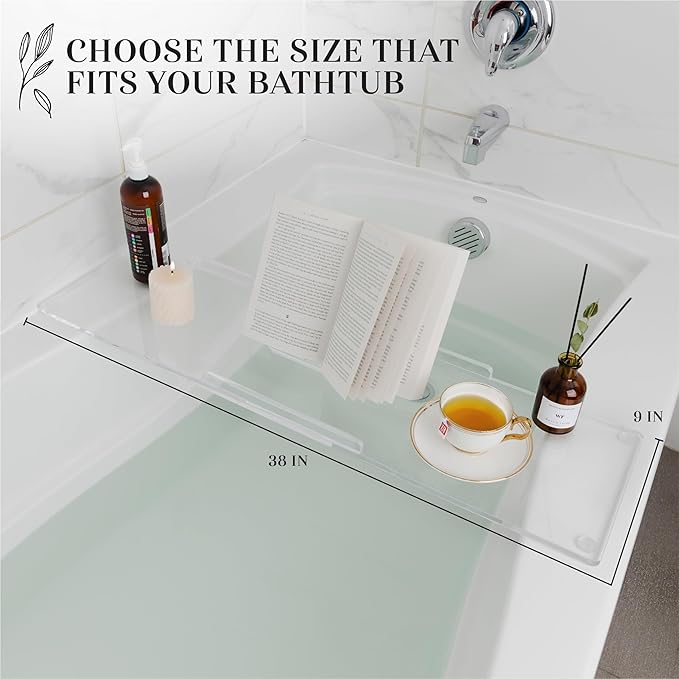 38" Classic-Clear Bathtub Tray Caddy Tub Shelf, Spa Board Luxury Bathroom Bath tub Table, Waterproof Acrylic Tub Caddy Fits Across Bathtub, Book Rack, iPad, Easy To Clean (38")