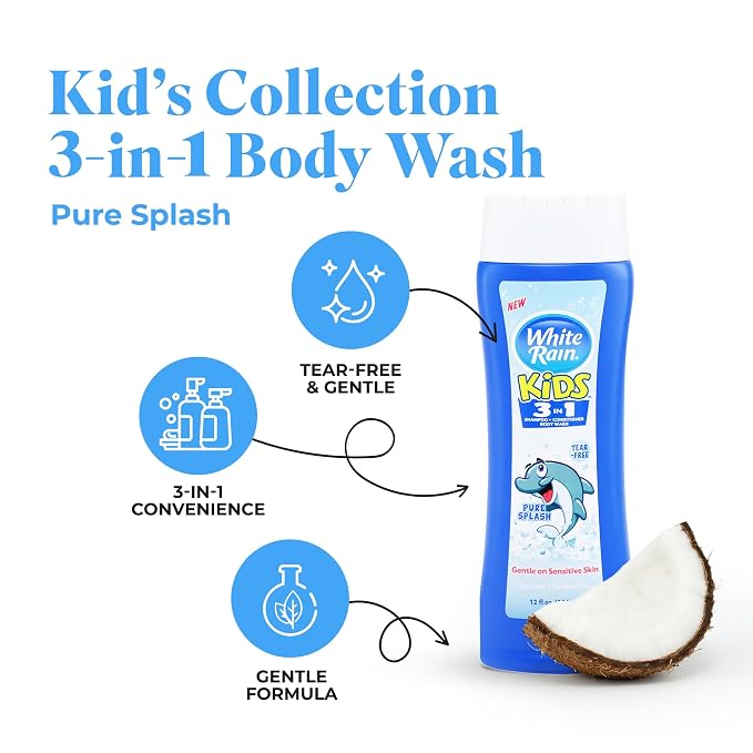 White Rain 3-in-1 Kids Shampoo Conditioner Body Wash, 12 fl oz (Pack of 3), Tear-Free Shampoo, Kids Body Wash, Paraben-Free, Gentle Formula for Daily Bath Routines, Pure Splash