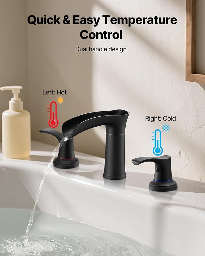 VEVOR Roman Tub Faucet, 3 Hole Waterfall Bathtub Faucet, Zinc Alloy Bath Tubs Faucets Set with 2 Handles, Deck Mount Bath Tub Faucets Set for Pet Washing, Baby Care, Adult Bathing, Matte Black