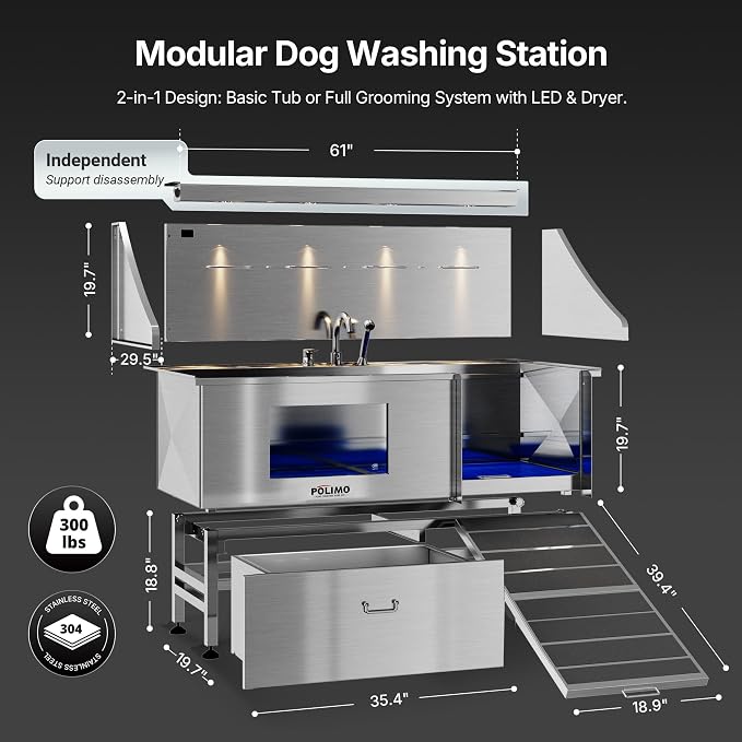 POLIMO Dog Washing Station with LED Display 61" (Right Ramp), 304 Stainless Steel Dog Bathtub for Large, Medium & Small Dogs, Professional Grooming Tub with Faucet, Storage Drawer, Floor Grate, Window