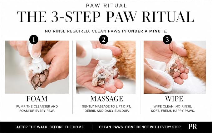 Dog Paw Cleaner, No-Rinse Foaming Paw Cleanser for Dogs with Silicone Brush, Gentle for Sensitive Paws, Puppy Safe, Plant-Derived Formula, Paw Ritual Post-Walk, 6.8 fl oz