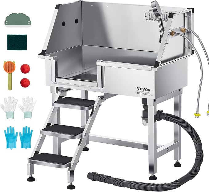 VEVOR Professional Dog Washing Station, 34 Inch Stainless Steel Pet Grooming Tub with Hot Cold Faucet, Adjustable Showerhead, Non-Slip Stairs & Side Sink, for Small to Medium Dogs and Cats (Left Door)
