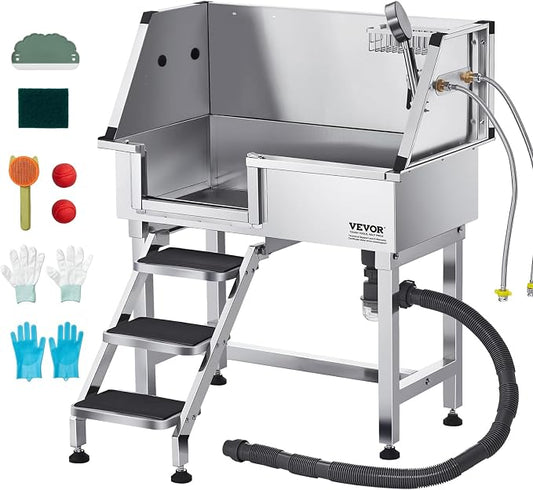 VEVOR Professional Dog Washing Station, 34 Inch Stainless Steel Pet Grooming Tub with Hot Cold Faucet, Adjustable Showerhead, Non-Slip Stairs & Side Sink, for Small to Medium Dogs and Cats (Left Door)