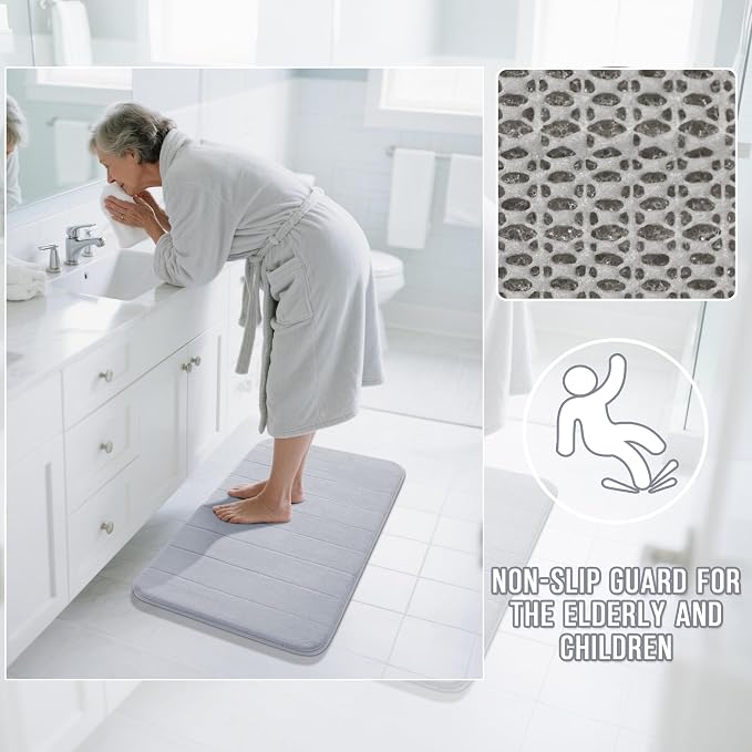 Yimobra U-Shaped Toilet Bath Mat Set 2 Piece - Super Soft Absorbent Quick Dry Memory Foam Bathroom Rugs, Machine Washable Non Slip Floor Carpet for Tub Shower & Single Sink (17x24 & 24x20, Silver)