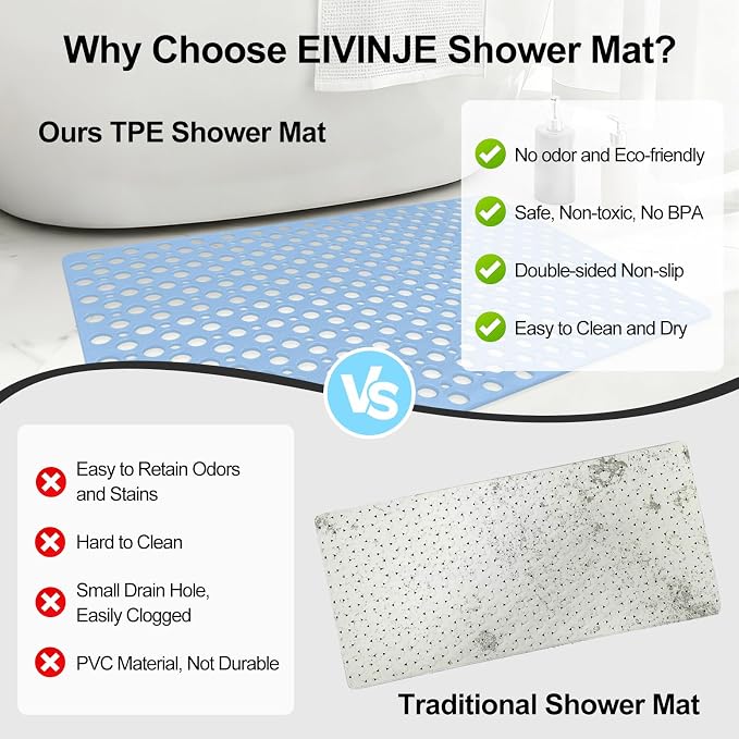 Anti Slip Shower Mat with Suction Cups,27x27 Inch Quick Drain TPE Non Slip Shower Mats for Inside Shower,Large Bath Mat for Shower Soft on Feet, Easy to Dry&Cut Machine Washable