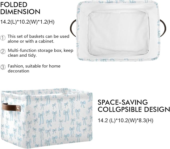 Wamika Bow Blue Storage Basket with Waterproof Liner and PU Handles Bowknot Cute White Storage Bins Boxes 14.2" Collapsible Decorative Organizer Baskets for Bedroom Closet Office 1 Pack