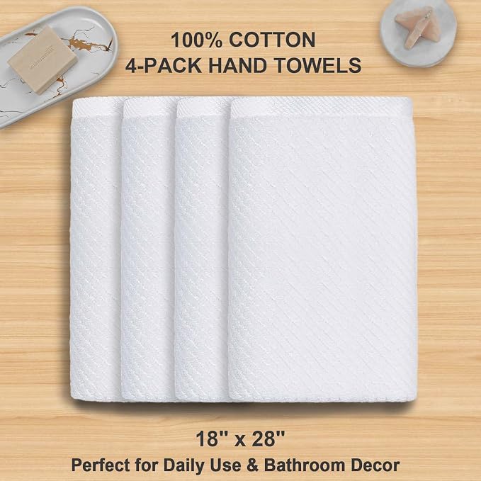VOOVA & MOVAS White Hand Towels - 100% Cotton | Lightweight | Thick | Quick Dry | Soft | Absorbent, 4 Pack Large 18" x 28", Bath Hand Towels for Bathroom, Luxury Towel Gift Set