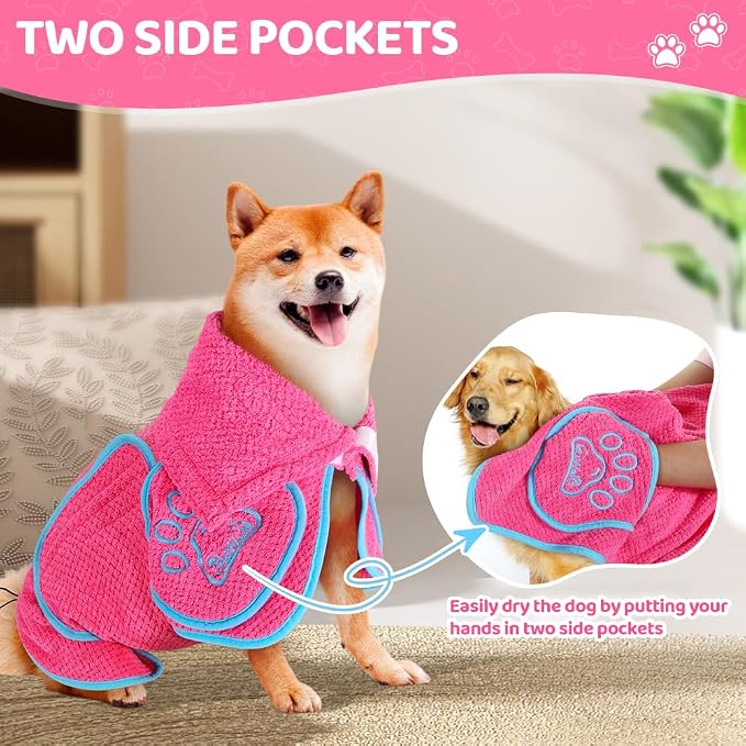 SlowTon Dog Bathrobe Drying Coat – Super Absorbent Microfiber Towel Wrap with Adjustable Collar & Belly Strap, Fast Drying Bath Robe for After Bath Swim, for Large, Medium, Small Dogs (Pink 3XL)