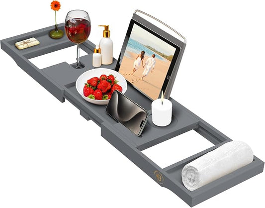 Bamboo Bathtub Tray Caddy - Expandable Wooden Bathroom Tray - Adjustable Bathroom Tray for Tub - Luxury Bath Caddy Tub Table - Gift Idea for Loved Ones (Grey)