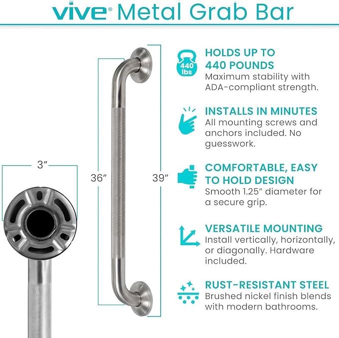 Vive Grab Bar for Showers - Bathroom Antislip Handrail for Seniors, Elderly Assistance Product, Heavy Duty Shower Handles, Handicap Grab Bars, Stainless Steel, Multipurpose, 440 lbs