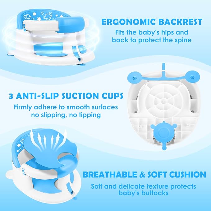 Baby Bath Seat 6M+, Non-Slip Cushion, CPSC Certified, 5-Pc Set, Blue | BPA-free PP+TPR, easy-release handle, ergonomic backrest, lightweight & portable, available in blue